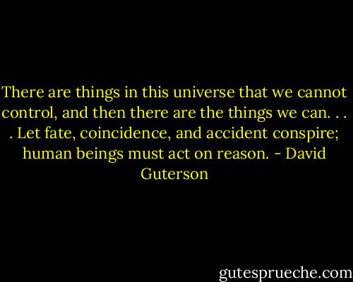 There are things in this universe that we cannot control, and then there are the things we can. . . . Let fate, coincidence, and accident conspire; human beings must act on reason. - David Guterson