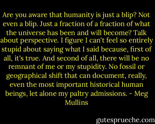 Are you aware that humanity is just a blip? Not even a blip. Just a fraction of a fraction of what the universe has been and will become? Talk about perspective. I figure I can't feel so entirely stupid about saying what I said because, first of all, it's true. And second of all, there will be no remnant of me or my stupidity. No fossil or geographical shift that can document, really, even the most important historical human beings, let alone my paltry admissions. - Meg Mullins
