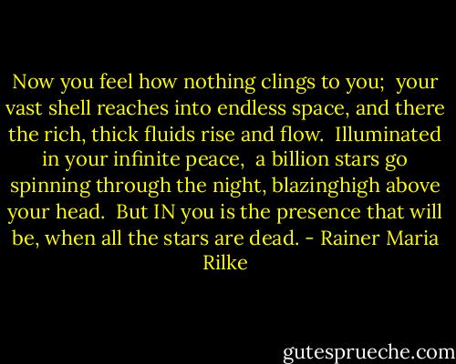 Now you feel how nothing clings to you; <br />your vast shell reaches into endless space, and there the rich, thick fluids rise and flow. <br />Illuminated in your infinite peace, <br />a billion stars go spinning through the night, blazinghigh above your head. <br />But IN you is the presence that will be, when all the stars are dead. - Rainer Maria Rilke
