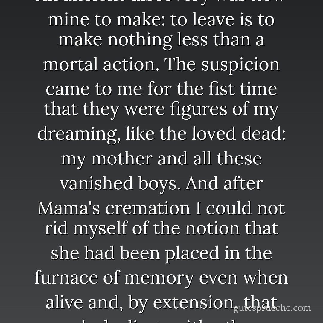 I found it idiotically distressing that a sharp finger whistle could no longer summon them outdoors into a playful twilight. An ancient discovery was now mine to make: to leave is to make nothing less than a mortal action. The suspicion came to me for the fist time that they were figures of my dreaming, like the loved dead: my mother and all these vanished boys. And after Mama's cremation I could not rid myself of the notion that she had been placed in the furnace of memory even when alive and, by extension, that one's dealings with others, ostensibly vital, at a certain point become dealings with the dead. - Joseph O'Neill
