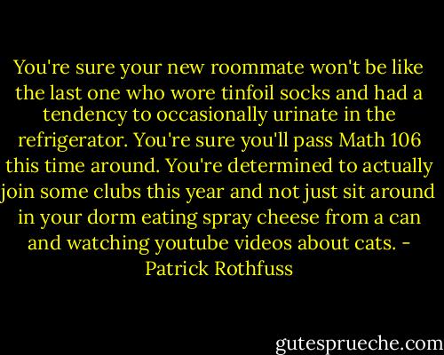 You're sure your new roommate won't be like the last one who wore tinfoil socks and had a tendency to occasionally urinate in the refrigerator. You're sure you'll pass Math 106 this time around. You're determined to actually join some clubs this year and not just sit around in your dorm eating spray cheese from a can and watching youtube videos about cats. - Patrick Rothfuss
