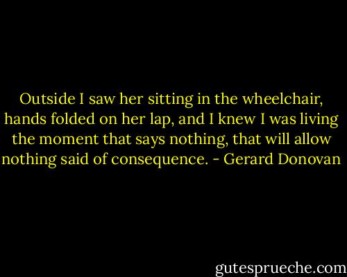 Outside I saw her sitting in the wheelchair, hands folded on her lap, and I knew I was living the moment that says nothing, that will allow nothing said of consequence. - Gerard Donovan