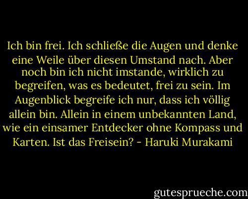 Ich bin frei. Ich schließe die Augen und denke eine Weile über diesen Umstand nach. Aber noch bin ich nicht imstande, wirklich zu begreifen, was es bedeutet, frei zu sein. Im Augenblick begreife ich nur, dass ich völlig allein bin. Allein in einem unbekannten Land, wie ein einsamer Entdecker ohne Kompass und Karten. Ist das Freisein? - Haruki Murakami