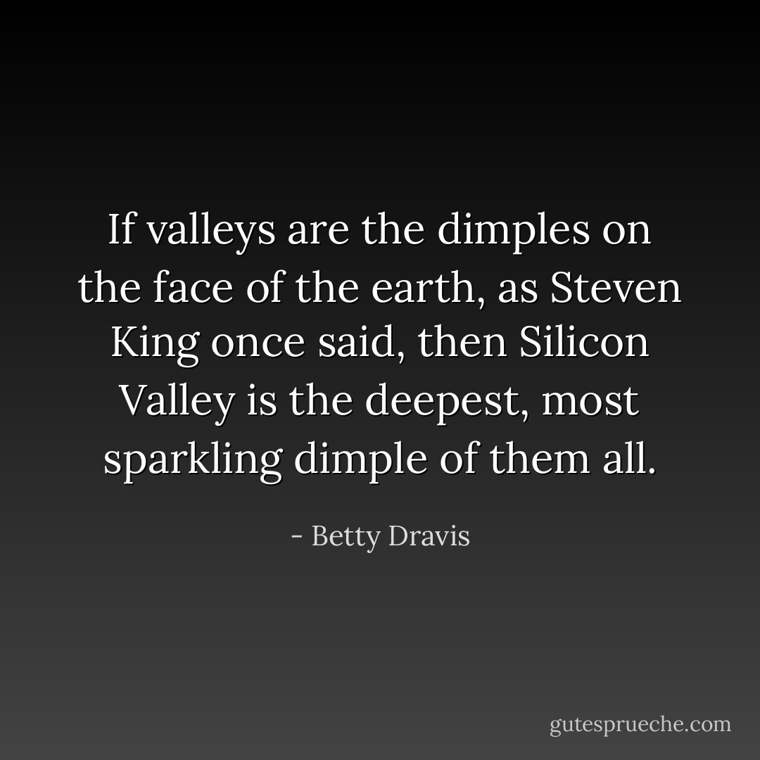 If valleys are the dimples on the face of the earth, as Steven King once said, then Silicon Valley is the deepest, most sparkling dimple of them all. - Betty Dravis