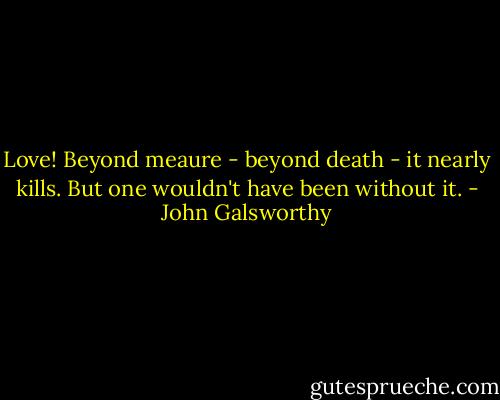 Love! Beyond meaure - beyond death - it nearly kills. But one wouldn't have been without it. - John Galsworthy
