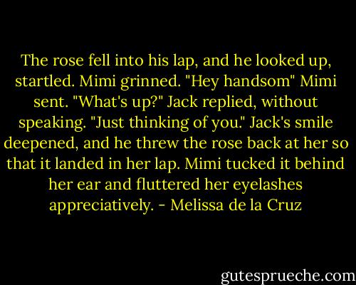 The rose fell into his lap, and he looked up, startled. Mimi grinned.<br />"Hey handsom" Mimi sent.<br />"What's up?" Jack replied, without speaking.<br />"Just thinking of you."<br />Jack's smile deepened, and he threw the rose back at her so that it landed in her lap. Mimi tucked it behind her ear and fluttered her eyelashes appreciatively. - Melissa de la Cruz