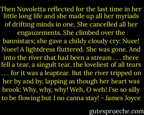 Then Nuvoletta reflected for the last time in her little long life and she made up all her myriads of drifting minds in one. She cancelled all her engauzements. She climbed over the bannistars; she gave a childy cloudy cry: Nuee! Nuee! A lightdress fluttered. She was gone. And into the river that had been a stream . . . there fell a tear, a singult tear, the loveliest of all tears . . . for it was a leaptear. But the river tripped on her by and by, lapping as though her heart was brook: Why, why, why! Weh, O weh! I'se so silly to be flowing but I no canna stay! - James Joyce