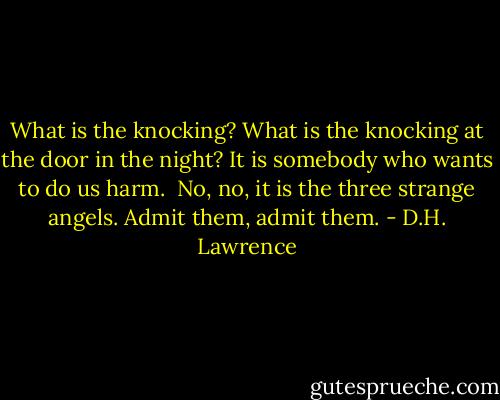 What is the knocking?<br />What is the knocking at the door in the night?<br />It is somebody who wants to do us harm.<br /><br />No, no, it is the three strange angels. Admit them, admit them. - D.H. Lawrence
