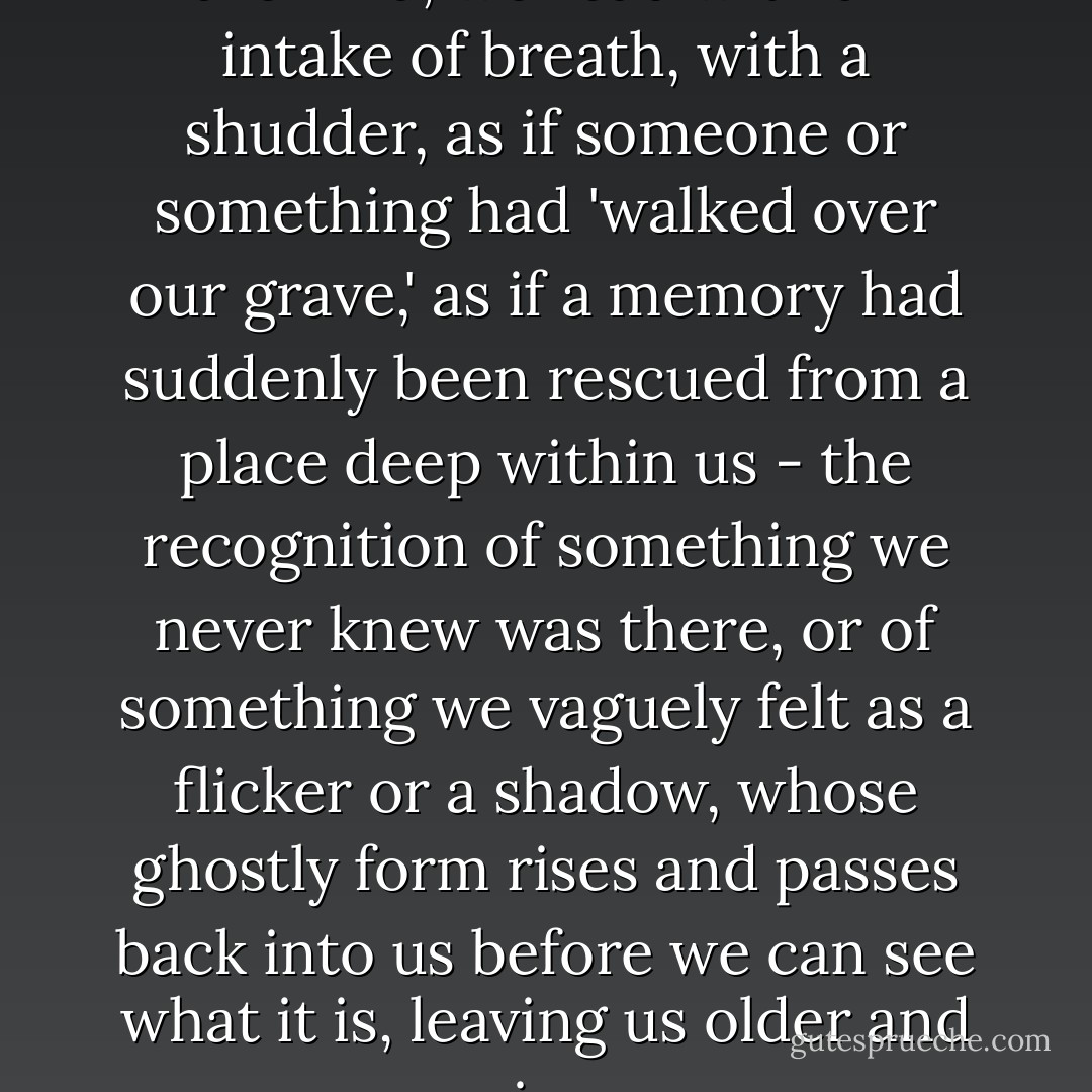 And sometimes, when the stars are kind, we read with an intake of breath, with a shudder, as if someone or something had 'walked over our grave,' as if a memory had suddenly been rescued from a place deep within us - the recognition of something we never knew was there, or of something we vaguely felt as a flicker or a shadow, whose ghostly form rises and passes back into us before we can see what it is, leaving us older and wiser. - Alberto Manguel
