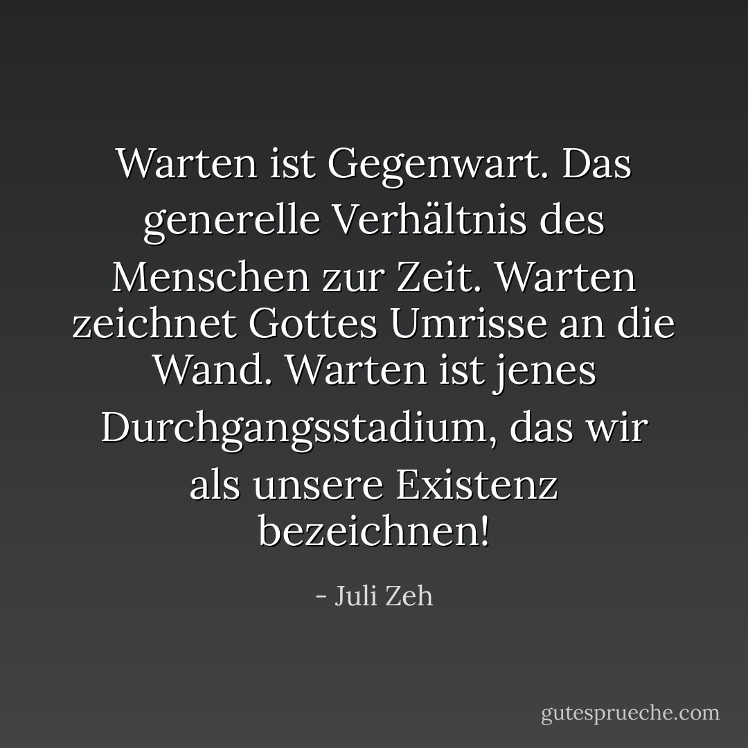 Warten ist Gegenwart. Das generelle Verhältnis des Menschen zur Zeit. Warten zeichnet Gottes Umrisse an die Wand. Warten ist jenes Durchgangsstadium, das wir als unsere Existenz bezeichnen! - Juli Zeh