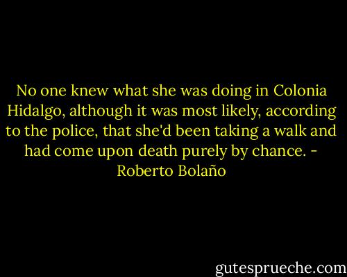 No one knew what she was doing in Colonia Hidalgo, although it was most likely, according to the police, that she'd been taking a walk and had come upon death purely by chance. - Roberto Bolaño