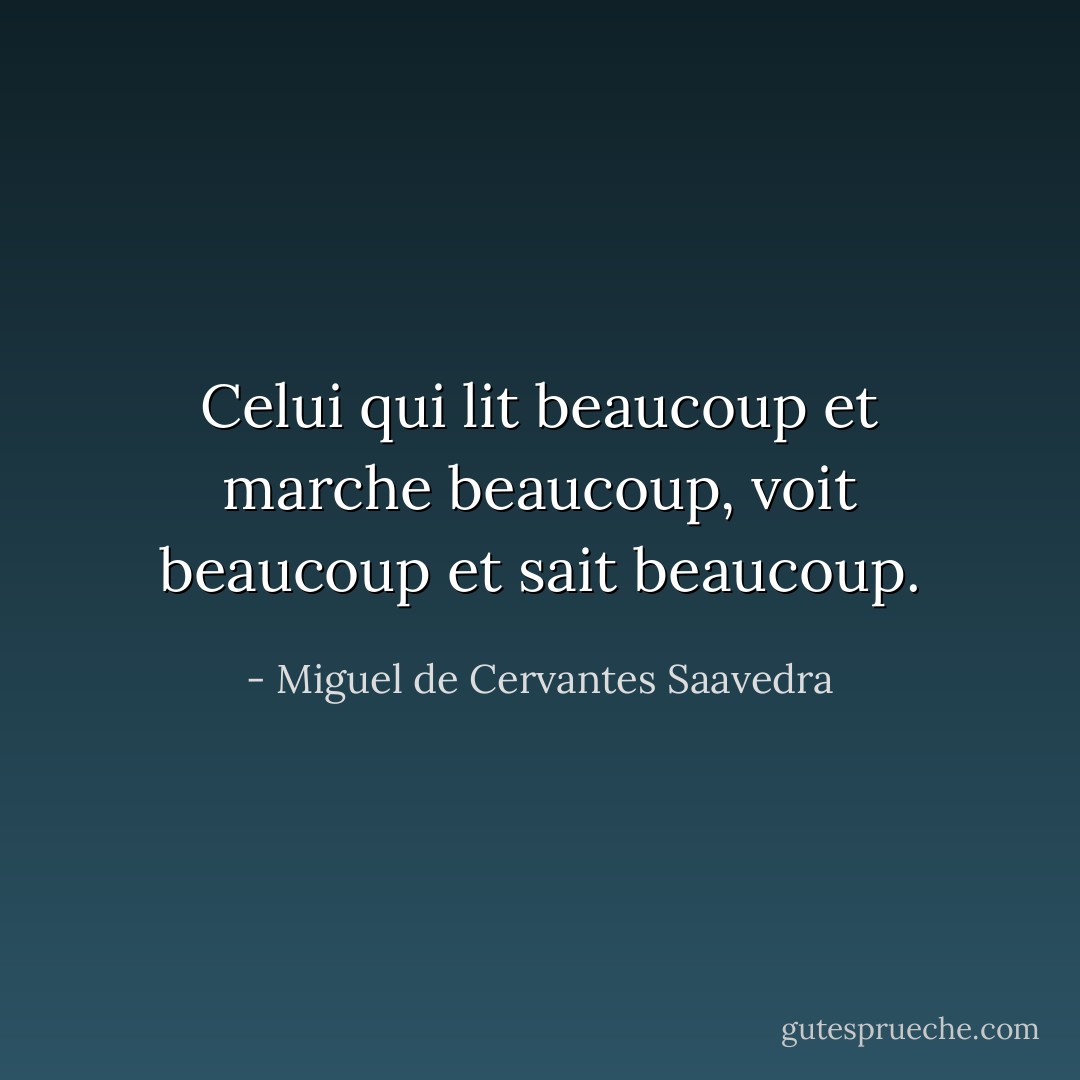Celui qui lit beaucoup et marche beaucoup, voit beaucoup et sait beaucoup. - Miguel de Cervantes Saavedra