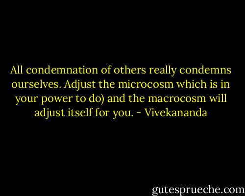 All condemnation of others really condemns ourselves. Adjust the microcosm which is in your power to do) and the macrocosm will adjust itself for you. - Vivekananda