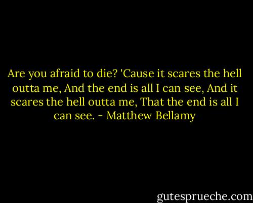 Are you afraid to die?<br />'Cause it scares the hell outta me,<br />And the end is all I can see,<br />And it scares the hell outta me,<br />That the end is all I can see. - Matthew Bellamy
