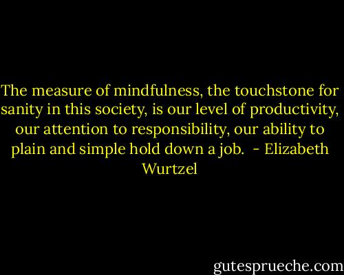 The measure of mindfulness, the touchstone for sanity in this society, is our level of productivity, our attention to responsibility, our ability to plain and simple hold down a job.  - Elizabeth Wurtzel
