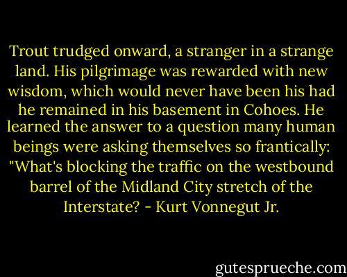 Trout trudged onward, a stranger in a strange land. His pilgrimage was rewarded with new wisdom, which would never have been his had he remained in his basement in Cohoes. He learned the answer to a question many human beings were asking themselves so frantically: "What's blocking the traffic on the westbound barrel of the Midland City stretch of the Interstate? - Kurt Vonnegut Jr.