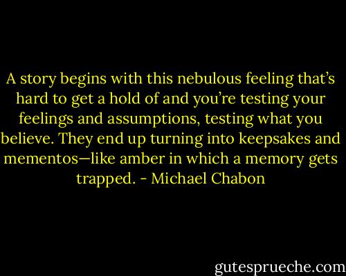 A story begins with this nebulous feeling that’s hard to get a hold of and you’re testing your feelings and assumptions, testing what you believe. They end up turning into keepsakes and mementos—like amber in which a memory gets trapped. - Michael Chabon