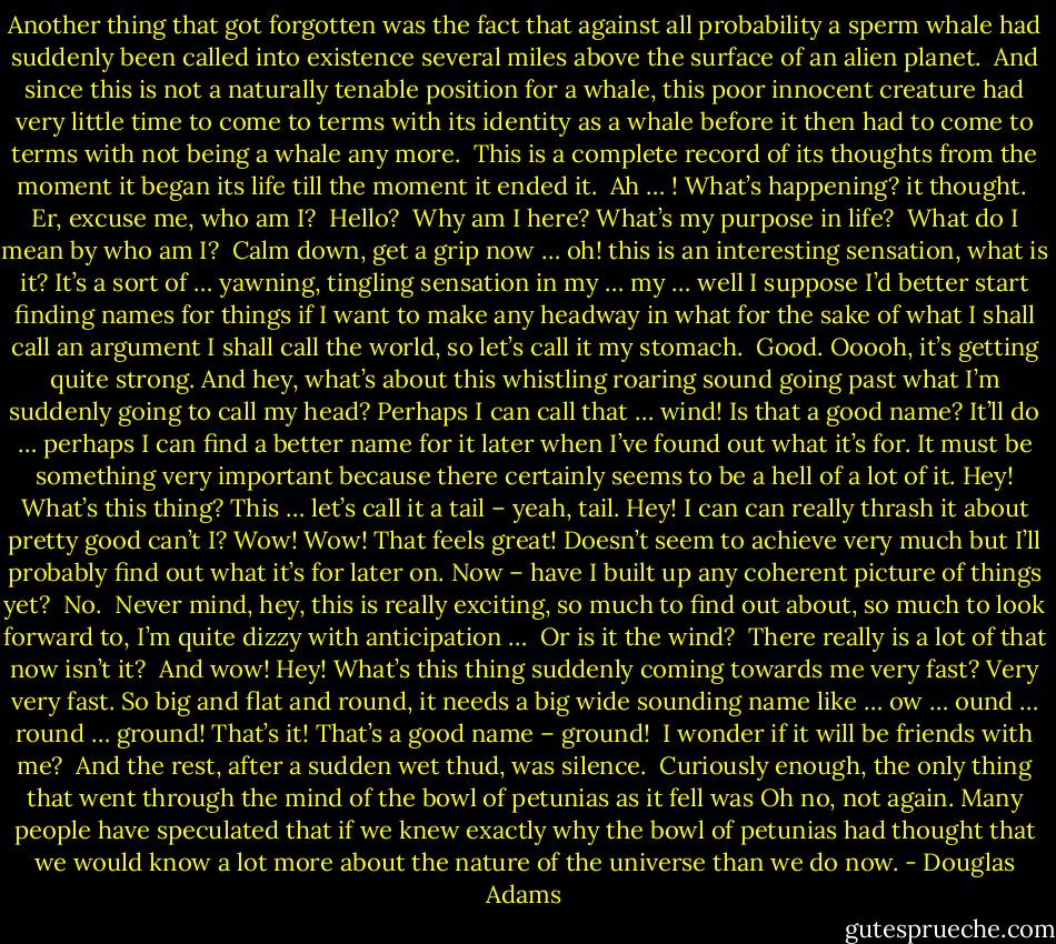 Another thing that got forgotten was the fact that against all probability a sperm whale had suddenly been called into existence several miles above the surface of an alien planet.<br /><br />And since this is not a naturally tenable position for a whale, this poor innocent creature had very little time to come to terms with its identity as a whale before it then had to come to terms with not being a whale any more.<br /><br />This is a complete record of its thoughts from the moment it began its life till the moment it ended it.<br /><br />Ah … ! What’s happening? it thought.<br /><br />Er, excuse me, who am I?<br /><br />Hello?<br /><br />Why am I here? What’s my purpose in life?<br /><br />What do I mean by who am I?<br /><br />Calm down, get a grip now … oh! this is an interesting sensation, what is it? It’s a sort of … yawning, tingling sensation in my … my … well I suppose I’d better start finding names for things if I want to make any headway in what for the sake of what I shall call an argument I shall call the world, so let’s call it my stomach.<br /><br />Good. Ooooh, it’s getting quite strong. And hey, what’s about this whistling roaring sound going past what I’m suddenly going to call my head? Perhaps I can call that … wind! Is that a good name? It’ll do … perhaps I can find a better name for it later when I’ve found out what it’s for. It must be something very important because there certainly seems to be a hell of a lot of it. Hey! What’s this thing? This … let’s call it a tail – yeah, tail. Hey! I can can really thrash it about pretty good can’t I? Wow! Wow! That feels great! Doesn’t seem to achieve very much but I’ll probably find out what it’s for later on. Now – have I built up any coherent picture of things yet?<br /><br />No.<br /><br />Never mind, hey, this is really exciting, so much to find out about, so much to look forward to, I’m quite dizzy with anticipation …<br /><br />Or is it the wind?<br /><br />There really is a lot of that now isn’t it?<br /><br />And wow! Hey! What’s this thing suddenly coming towards me very fast? Very very fast. So big and flat and round, it needs a big wide sounding name like … ow … ound … round … ground! That’s it! That’s a good name – ground!<br /><br />I wonder if it will be friends with me?<br /><br />And the rest, after a sudden wet thud, was silence.<br /><br />Curiously enough, the only thing that went through the mind of the bowl of petunias as it fell was Oh no, not again. Many people have speculated that if we knew exactly why the bowl of petunias had thought that we would know a lot more about the nature of the universe than we do now. - Douglas Adams