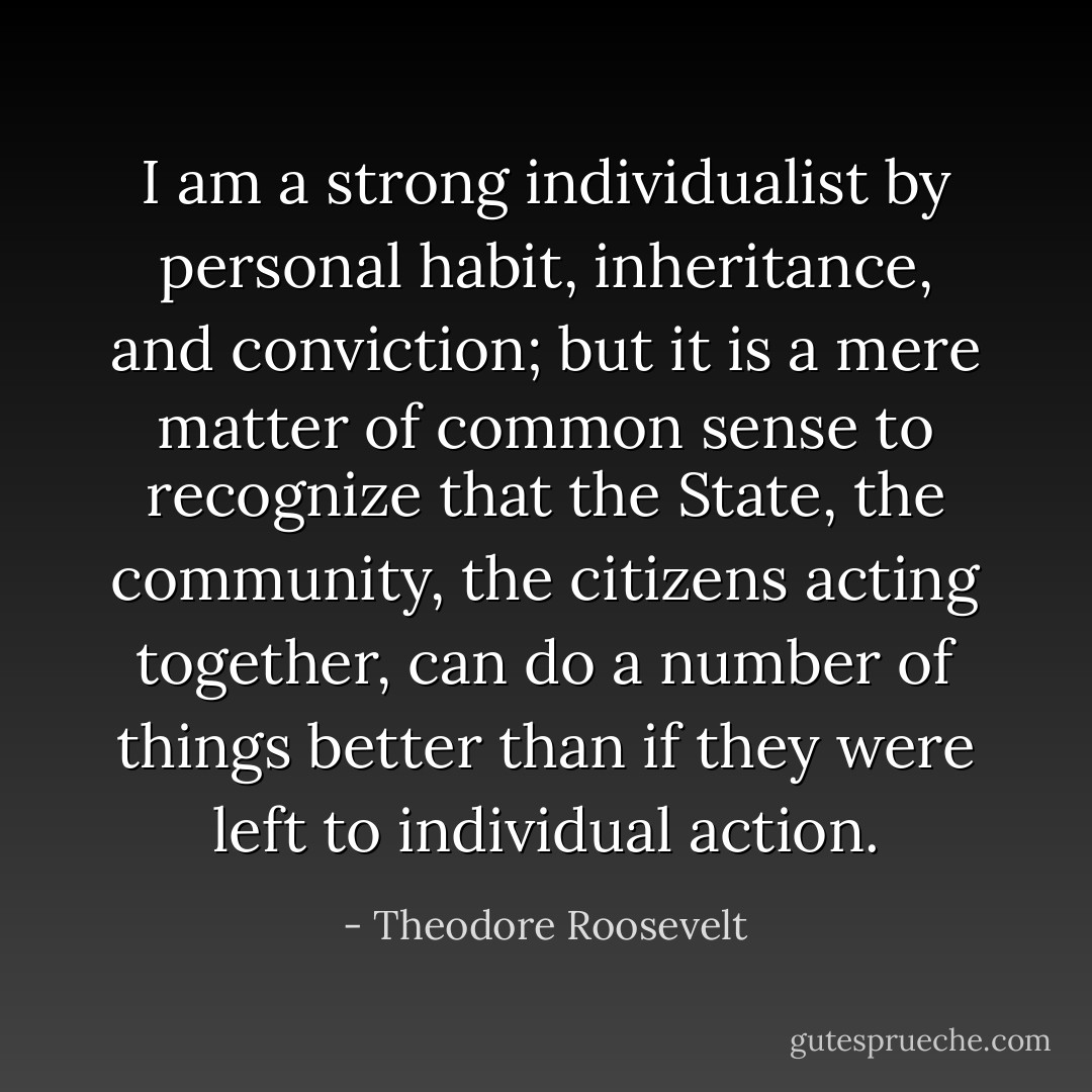 I am a strong individualist by personal habit, inheritance, and conviction; but it is a mere matter of common sense to recognize that the State, the community, the citizens acting together, can do a number of things better than if they were left to individual action. - Theodore Roosevelt
