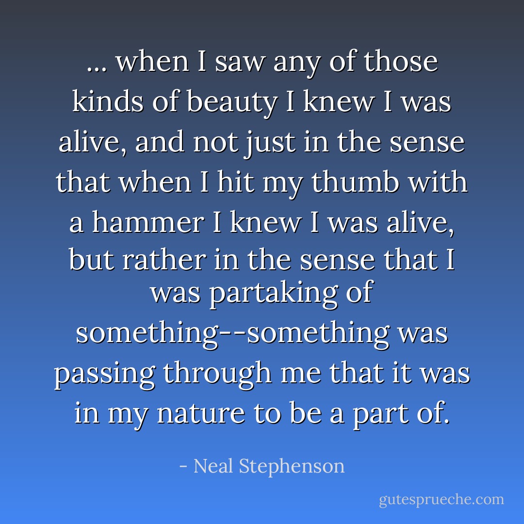 ... when I saw any of those kinds of beauty I knew I was alive, and not just in the sense that when I hit my thumb with a hammer I knew I was alive, but rather in the sense that I was partaking of something--something was passing through me that it was in my nature to be a part of. - Neal Stephenson