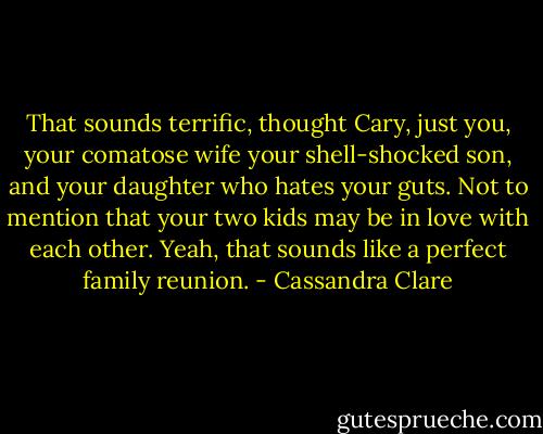 That sounds terrific, thought Cary, just you, your comatose wife your shell-shocked son, and your daughter who hates your guts. Not to mention that your two kids may be in love with each other. Yeah, that sounds like a perfect family reunion. - Cassandra Clare