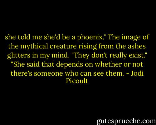 she told me she'd be a phoenix." The image of the mythical creature rising from the ashes glitters in my mind. "They don't really exist." "She said that depends on whether or not there's someone who can see them. - Jodi Picoult