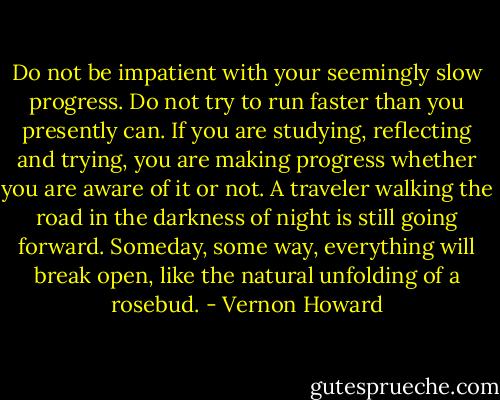 Do not be impatient with your seemingly slow progress. Do not try to run faster than you presently can. If you are studying, reflecting and trying, you are making progress whether you are aware of it or not. A traveler walking the road in the darkness of night is still going forward. Someday, some way, everything will break open, like the natural unfolding of a rosebud. - Vernon Howard