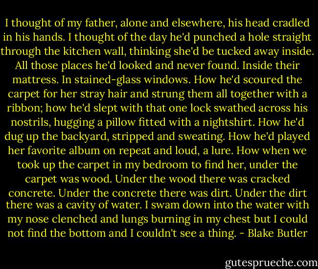 I thought of my father, alone and elsewhere, his head cradled in his hands. I thought of the day he'd punched a hole straight through the kitchen wall, thinking she'd be tucked away inside. All those places he'd looked and never found. Inside their mattress. In stained-glass windows. How he'd scoured the carpet for her stray hair and strung them all together with a ribbon; how he'd slept with that one lock swathed across his nostrils, hugging a pillow fitted with a nightshirt. How he'd dug up the backyard, stripped and sweating. How he'd played her favorite album on repeat and loud, a lure. How when we took up the carpet in my bedroom to find her, under the carpet was wood. Under the wood there was cracked concrete. Under the concrete there was dirt. Under the dirt there was a cavity of water. I swam down into the water with my nose clenched and lungs burning in my chest but I could not find the bottom and I couldn't see a thing. - Blake Butler