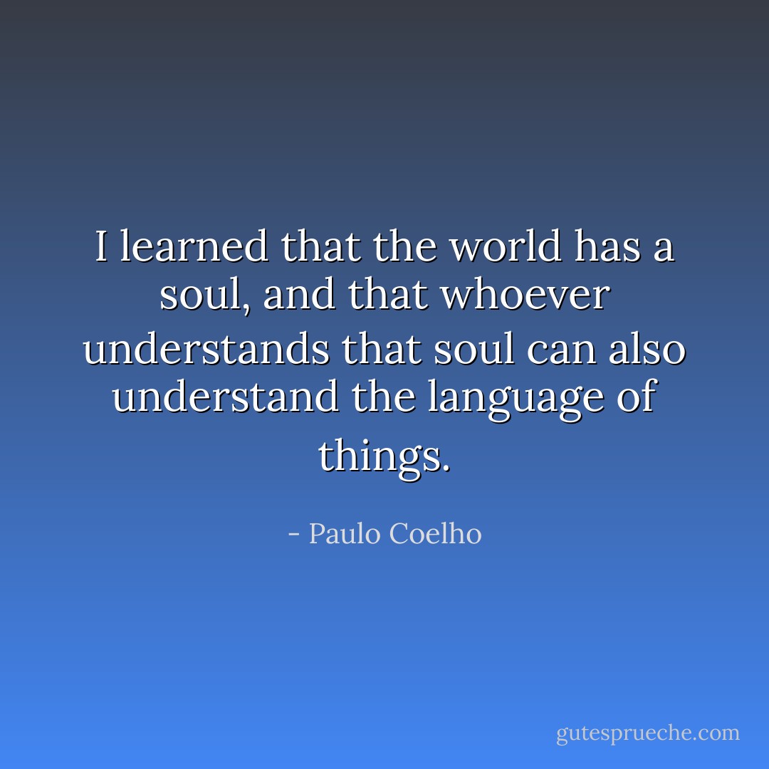 I learned that the world has a soul, and that whoever understands that soul can also understand the language of things. - Paulo Coelho
