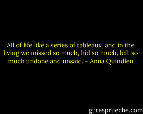 All of life like a series of tableaux, and in the living we missed so much, hid so much, left so much undone and unsaid. - Anna Quindlen