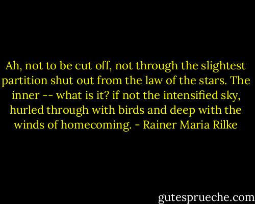 Ah, not to be cut off,<br />not through the slightest partition<br />shut out from the law of the stars.<br />The inner -- what is it?<br />if not the intensified sky,<br />hurled through with birds and deep<br />with the winds of homecoming. - Rainer Maria Rilke