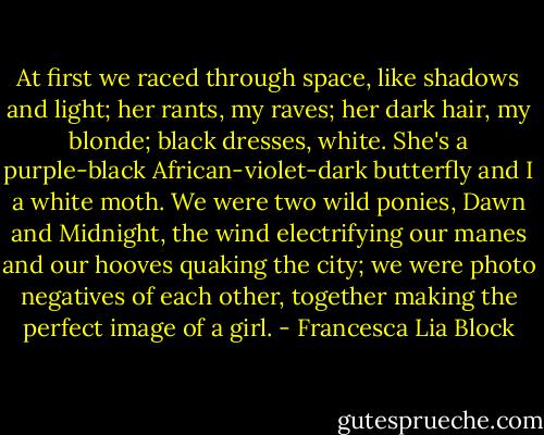 At first we raced through space, like shadows and light; her rants, my raves; her dark hair, my blonde; black dresses, white. She's a purple-black African-violet-dark butterfly and I a white moth. We were two wild ponies, Dawn and Midnight, the wind electrifying our manes and our hooves quaking the city; we were photo negatives of each other, together making the perfect image of a girl. - Francesca Lia Block