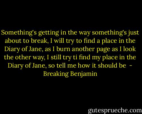 Something's getting in the way something's just about to break, I will try to find a place in the Diary of Jane, as I burn another page as I look the other way, I still try ti find my place in the Diary of Jane, so tell me how it should be  - Breaking Benjamin