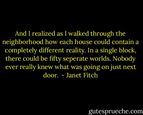 And I realized as I walked through the neighborhood how each house could contain a completely different reality. In a single block, there could be fifty seperate worlds. Nobody ever really knew what was going on just next door.  - Janet Fitch