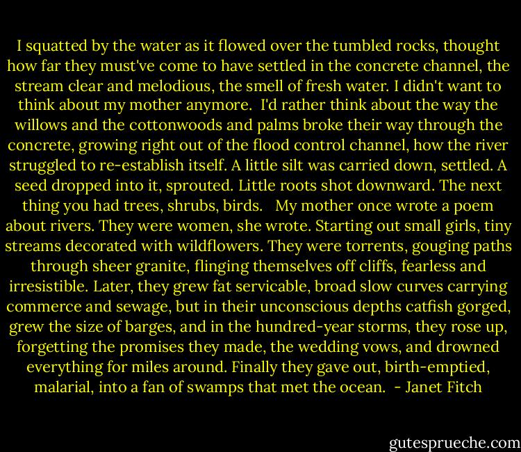 I squatted by the water as it flowed over the tumbled rocks, thought how far they must've come to have settled in the concrete channel, the stream clear and melodious, the smell of fresh water. I didn't want to think about my mother anymore. <br />I'd rather think about the way the willows and the cottonwoods and palms broke their way through the concrete, growing right out of the flood control channel, how the river struggled to re-establish itself. A little silt was carried down, settled. A seed dropped into it, sprouted. Little roots shot downward. The next thing you had trees, shrubs, birds.<br /><br /><br />My mother once wrote a poem about rivers. They were women, she wrote. Starting out small girls, tiny streams decorated with wildflowers. They were torrents, gouging paths through sheer granite, flinging themselves off cliffs, fearless and irresistible. Later, they grew fat servicable, broad slow curves carrying commerce and sewage, but in their unconscious depths catfish gorged, grew the size of barges, and in the hundred-year storms, they rose up, forgetting the promises they made, the wedding vows, and drowned everything for miles around. Finally they gave out, birth-emptied, malarial, into a fan of swamps that met the ocean.  - Janet Fitch
