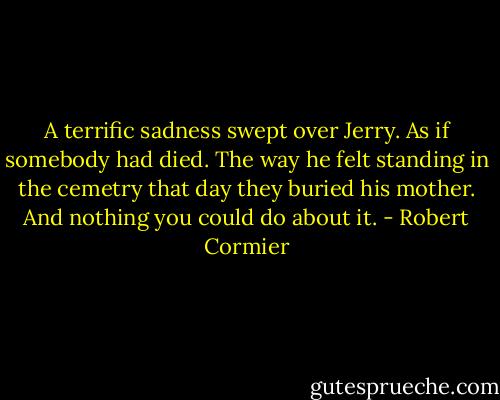 A terrific sadness swept over Jerry. As if somebody had died. The way he felt standing in the cemetry that day they buried his mother. And nothing you could do about it. - Robert Cormier