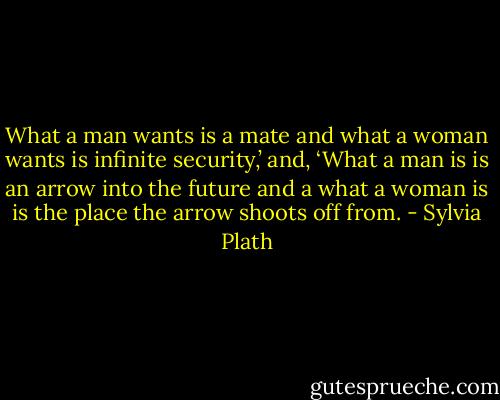 What a man wants is a mate and what a woman wants is infinite security,’ and, ‘What a man is is an arrow into the future and a what a woman is is the place the arrow shoots off from. - Sylvia Plath
