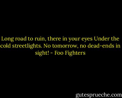 Long road to ruin, there in your eyes<br />Under the cold streetlights.<br />No tomorrow, no dead-ends in sight! - Foo Fighters