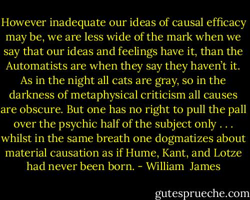 However inadequate our ideas of causal efficacy may be, we are less wide of the mark when we say that our ideas and feelings have it, than the Automatists are when they say they haven’t it. As in the night all cats are gray, so in the darkness of metaphysical criticism all causes are obscure. But one has no right to pull the pall over the psychic half of the subject only . . . whilst in the same breath one dogmatizes about material causation as if Hume, Kant, and Lotze had never been born. - William  James