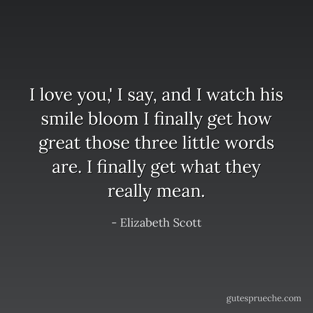 I love you,' I say, and I watch his smile bloom I finally get how great those three little words are. I finally get what they really mean. - Elizabeth Scott