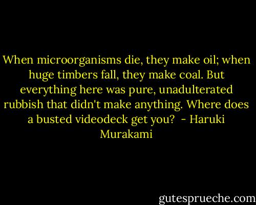 When microorganisms die, they make oil; when huge timbers fall, they make coal. But everything here was pure, unadulterated rubbish that didn't make anything. Where does a busted videodeck get you?  - Haruki Murakami