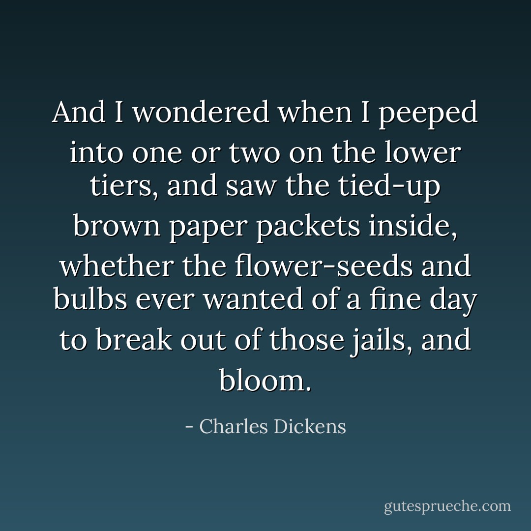 And I wondered when I peeped into one or two on the lower tiers, and saw the tied-up brown paper packets inside, whether the flower-seeds and bulbs ever wanted of a fine day to break out of those jails, and bloom. - Charles Dickens