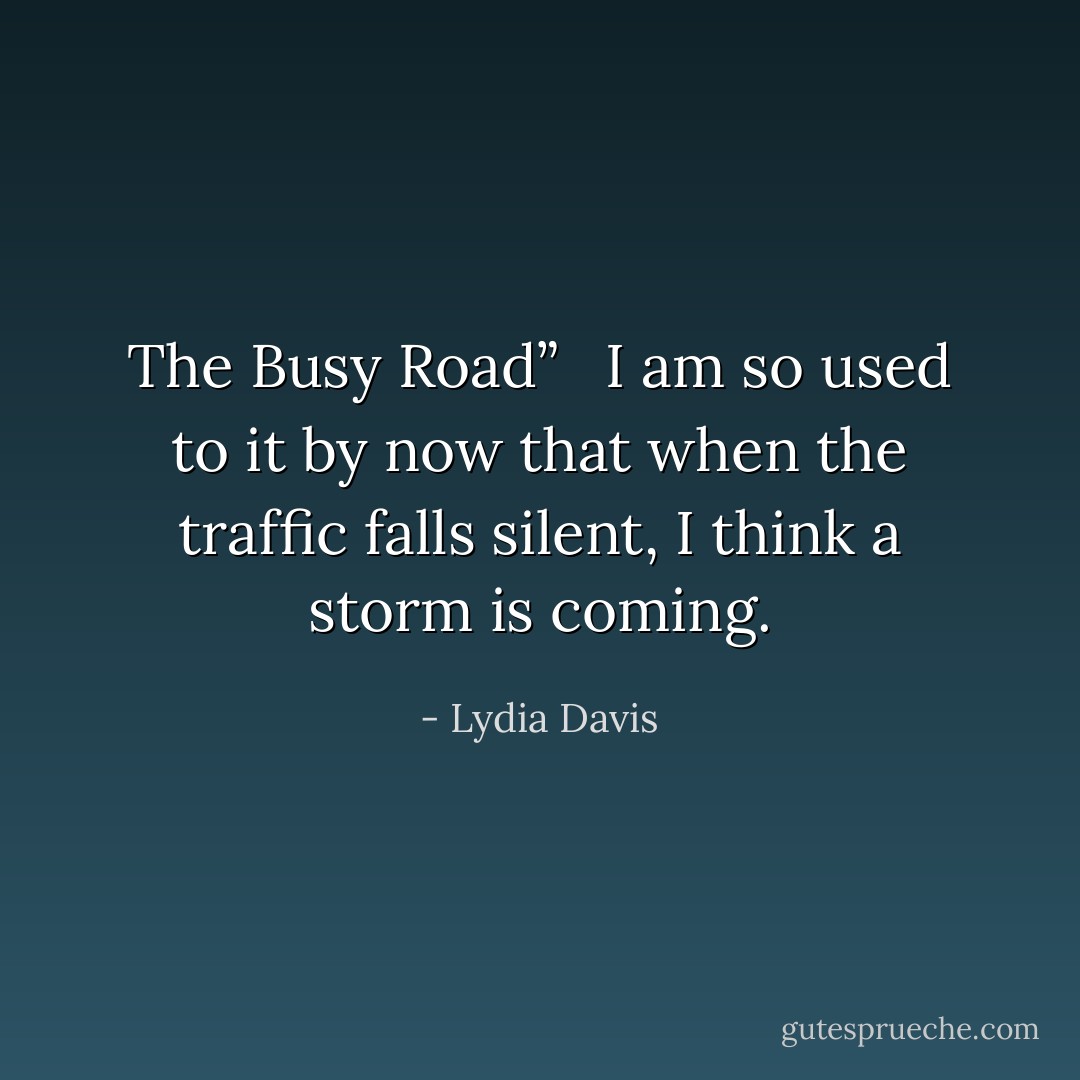 The Busy Road”<br /> <br />I am so used to it by now<br />that when the traffic falls silent,<br />I think a storm is coming. - Lydia Davis