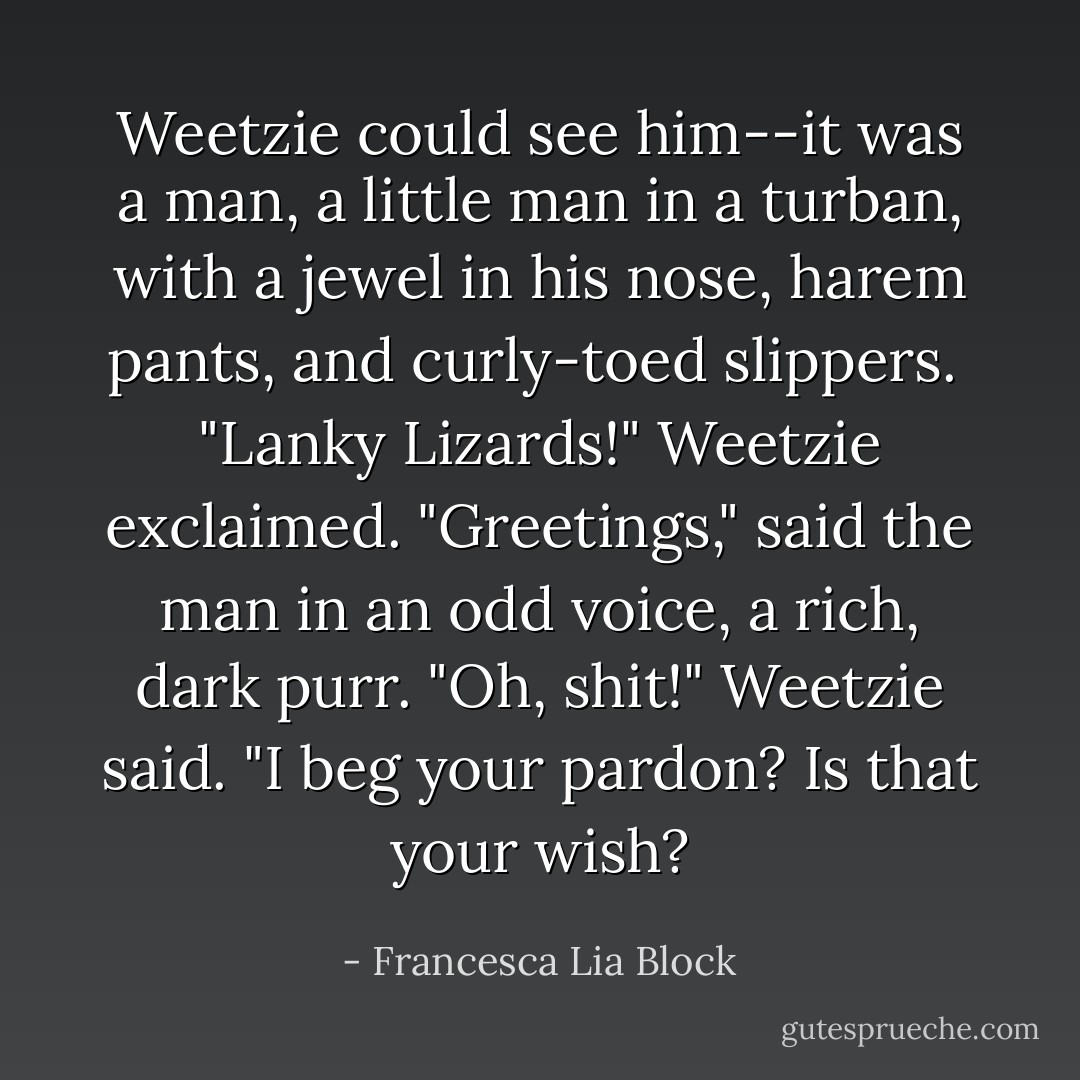 Weetzie could see him--it was a man, a little man in a turban, with a jewel in his nose, harem pants, and curly-toed slippers. <br />"Lanky Lizards!" Weetzie exclaimed.<br />"Greetings," said the man in an odd voice, a rich, dark purr.<br />"Oh, shit!" Weetzie said.<br />"I beg your pardon? Is that your wish? - Francesca Lia Block