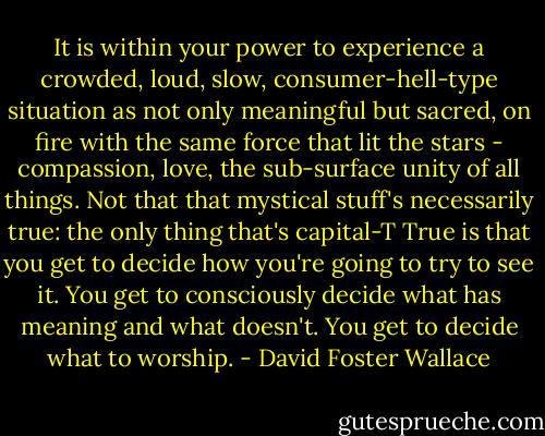 It is within your power to experience a crowded, loud, slow, consumer-hell-type situation as not only meaningful but sacred, on fire with the same force that lit the stars - compassion, love, the sub-surface unity of all things. Not that that mystical stuff's necessarily true: the only thing that's capital-T True is that you get to decide how you're going to try to see it. You get to consciously decide what has meaning and what doesn't. You get to decide what to worship. - David Foster Wallace