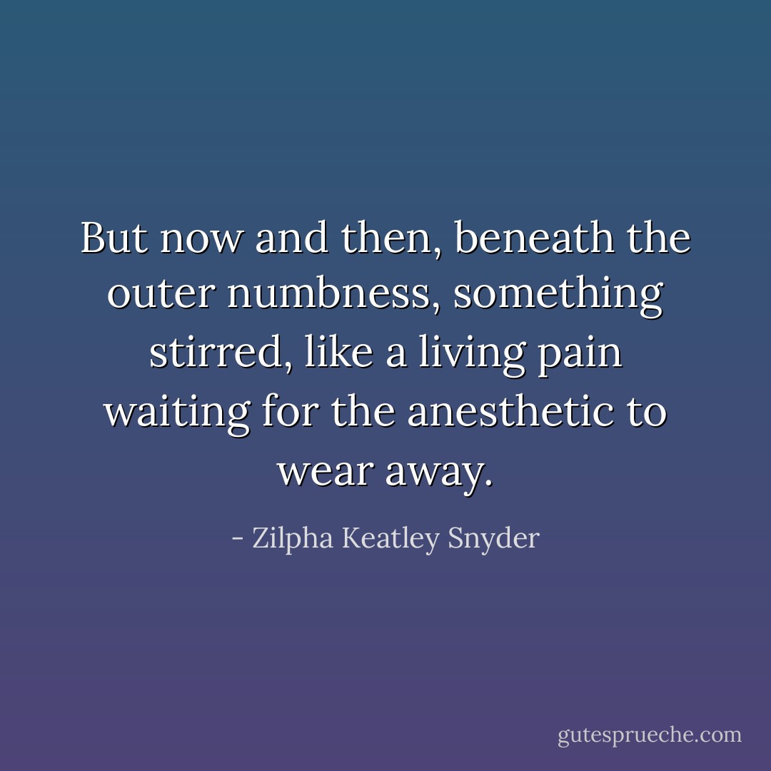 But now and then, beneath the outer numbness, something stirred, like a living pain waiting for the anesthetic to wear away. - Zilpha Keatley Snyder