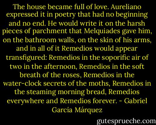 The house became full of love. Aureliano expressed it in poetry that had no beginning and no end. He would write it on the harsh pieces of parchment that Melquiades gave him, on the bathroom walls, on the skin of his arms, and in all of it Remedios would appear transfigured: Remedios in the soporific air of two in the afternoon, Remedios in the soft breath of the roses, Remedios in the water-clock secrets of the moths, Remedios in the steaming morning bread, Remedios everywhere and Remedios forever. - Gabriel García Márquez