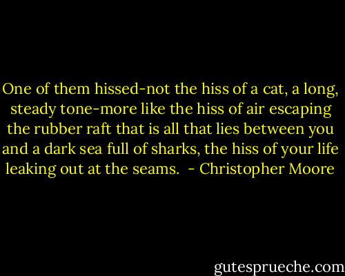 One of them hissed-not the hiss of a cat, a long, steady tone-more like the hiss of air escaping the rubber raft that is all that lies between you and a dark sea full of sharks, the hiss of your life leaking out at the seams.  - Christopher Moore