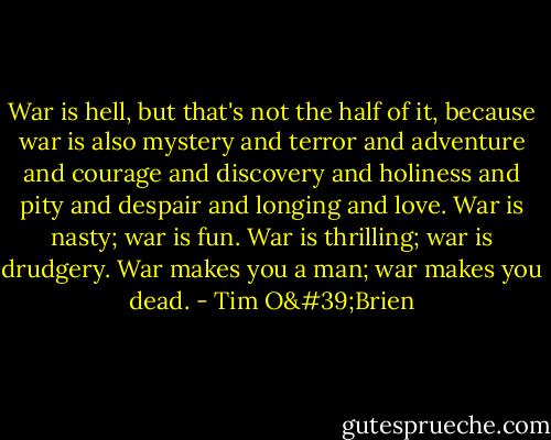 War is hell, but that's not the half of it, because war is also mystery and terror and adventure and courage and discovery and holiness and pity and despair and longing and love. War is nasty; war is fun. War is thrilling; war is drudgery. War makes you a man; war makes you dead. - Tim O'Brien