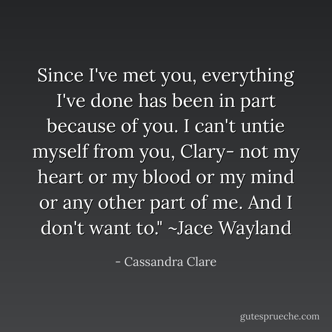 Since I've met you, everything I've done has been in part because of you. I can't untie myself from you, Clary- not my heart or my blood or my mind or any other part of me. And I don't want to."<br />~Jace Wayland - Cassandra Clare
